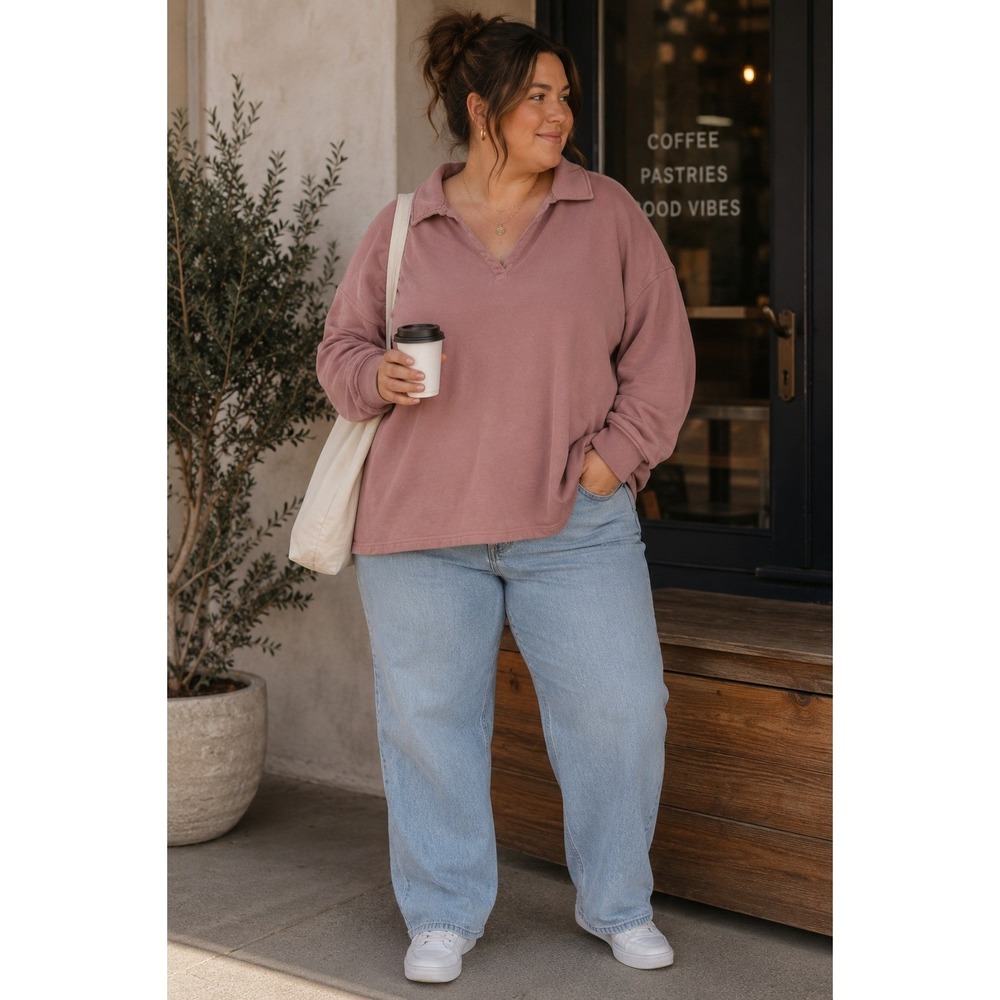 L.L.Bean Women's 2X Plus Pink Collared Cozy Casual Sweatshirt Pullover